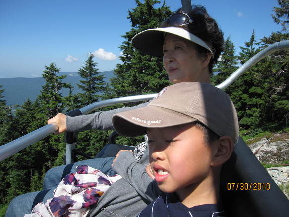 Grouse Mountain정상의 보호소에 있는 큰 야생곰 두마리